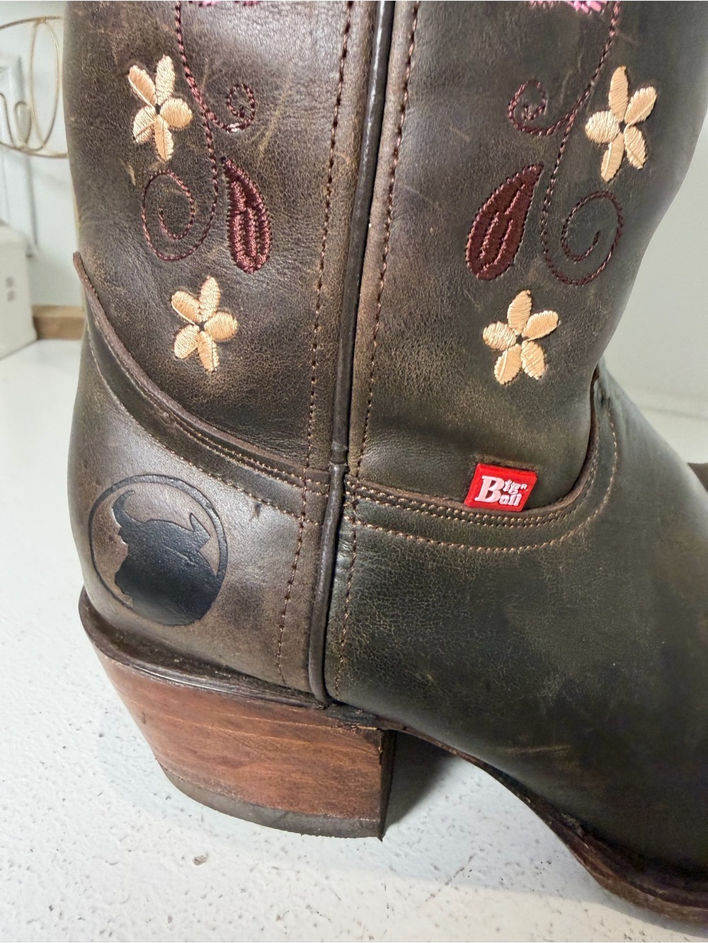 Big Bull Womens 7.5 Vintage Brown Leather Floral Embroidered Cowboy Boots - Picture 6 of 10